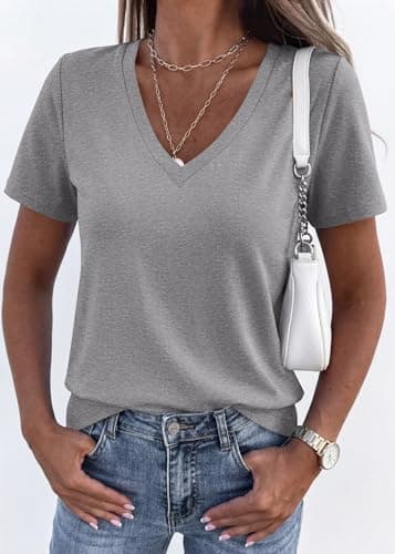 KIRUNDO V Neck T Shirts for Women Summer Tops Oversized Spring Short Sleeve Casual Basic Tees Tunic Blouse Fashion Clothing(Grey, Medium) - Thumbnail 4