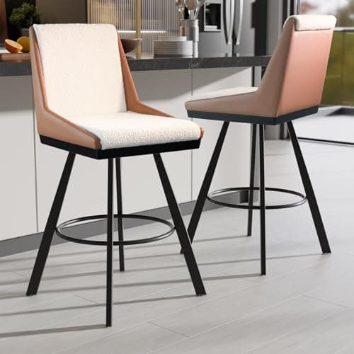Ollega Bar Stools Set of 2, 26" Counter Height Bar Stools, Upholstered Swivel Barstools with Backs, Loop Yarn Fabric&Pu Leather, Metal Legs for Kitchen Island, Beige&Brown - Image 1