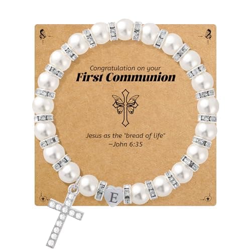 BAYLAY First Communion Gifts for Girls, Cross Bracelet for Teen First Communion Bracelet for Girls Pearl Letter E Initial Charm Bracelet First Holy Communion Gifts for Girl Catholic - Image 1