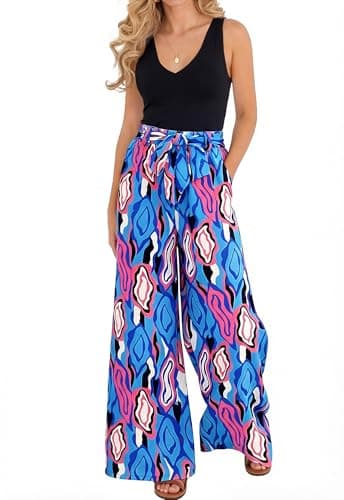 BTFBM Two Piece Sets For Women Summer 2026 Spring Outfits Casual Sleeveless Wide Leg Pants Sets Beach Vacation Clothes(Floral Blue, Small) - Image 1