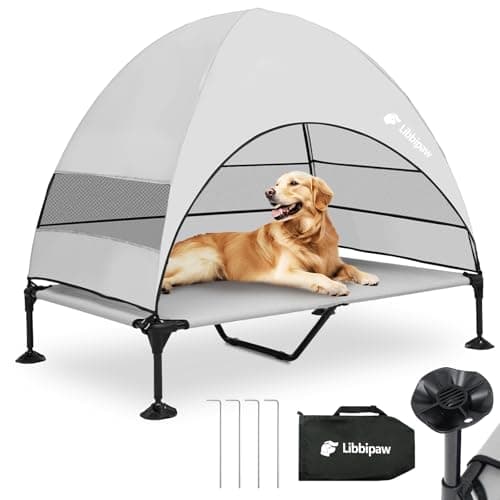 Libbipaw Windproof Elevated Dog Bed with Canopy & Stakes, 3-Sided 90% UV Block, Chew-Proof Teslin Mesh Mat for Large Dogs up to 150lbs(Grey X-Large) - Image 1