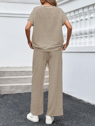 Tankaneo Womens Striped 2 Piece Sets Short Sleeve T Shirts Wide Leg Pants Matching Lounge Set with Pockets - Thumbnail 5