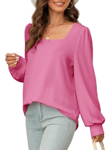 Dokotoo Womens Sweatshirt Square Neck Puff Sleeve Solid Tunic Blouses Autumn Casual Loose Sweatshirts Women Fall Fashion Clothes Knitted Outfits for Women 2024 Red Medium - Image 1