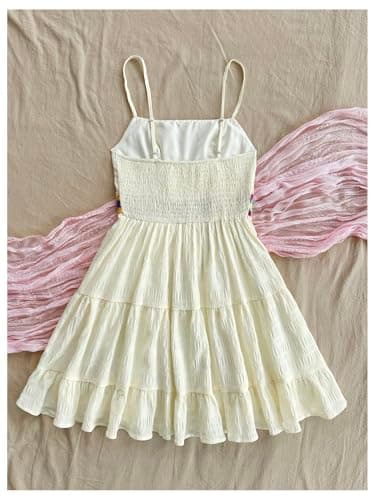 MakeMeChic Women's Floral Boho Mini Dress Spaghetti Strap Shirred Flowy A Line Cami Dresses Apricot X-Large - Thumbnail 3