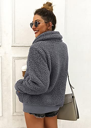 KIRUNDO Winter Clothing for Women Sherpa Pullover Fleece Zip Sweatshirt 2026 Fall Fashion Fuzzy Faux Shearling Warm Outwear(Large, Dark Grey) - Thumbnail 3