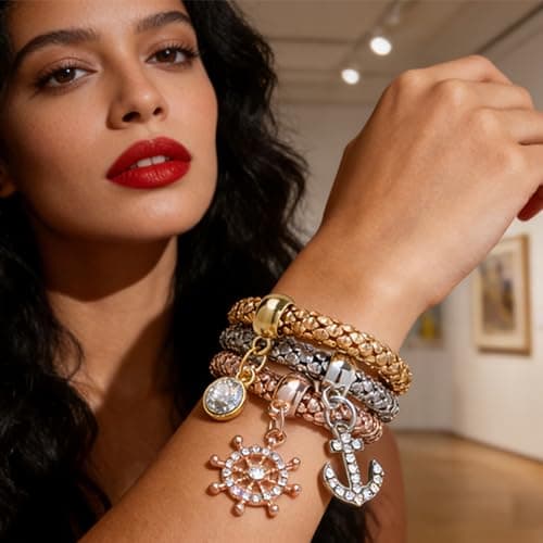 Alegend Three-Color Nautical 14K Bracelet Set - Anchor & Ship Wheel Charms with Crystal Accents - Thumbnail 2