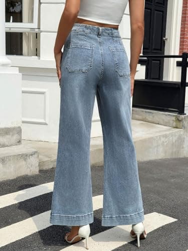 PEIHOT Womens High Waisted Straight Leg Jeans Trendy Stretchy Loose Wide Leg Pull On Mid Rise Flare Denim Pants with Pocket 2025 Light Blue - Thumbnail 2