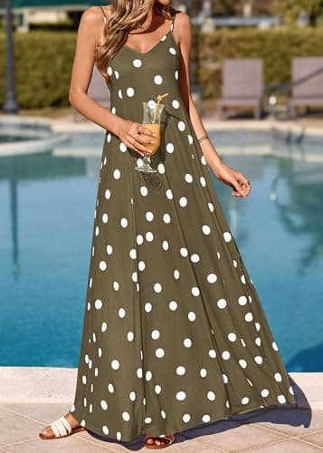 KIRUNDO Boho Maxi Dress for Women Summer Spaghetti Strap V Neck Polka Dot Flowy Long Beach Vacation Sundress with Pockets(Army Green, Small) - Thumbnail 2
