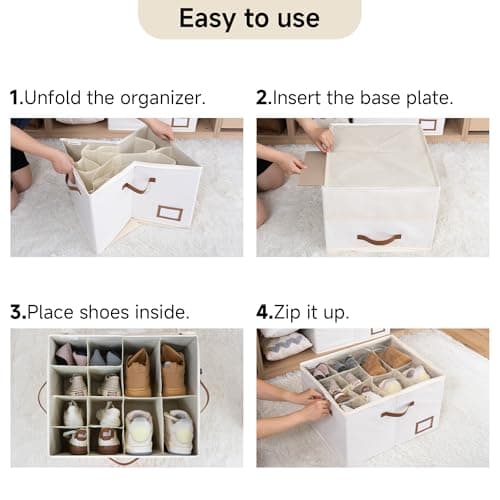 StorageWorks Shoe Organizer for Closet, 2 Pack Shoe Storage Boxes with Clear Lid, Stackable Shoe Storage Organizer for Sandals and Slippers, Fabric Shoe Bins for Closet, Holds 16–32 Pairs, Beige - Thumbnail 4