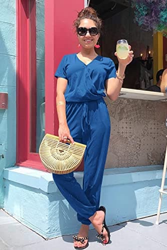 PRETTYGARDEN Jumpsuits for Women 2025 Spring Summer Casual Dressy Short Sleeve Romper Airport Vacation Travel Outfits (Grey Blue,Medium) - Thumbnail 4