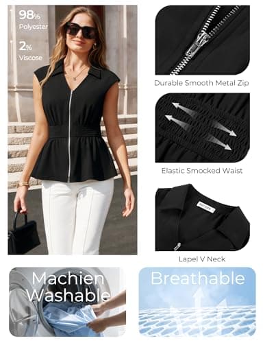 GRACE KARIN Womens Peplum Tops Business Casual,Short Sleeve Work Blouses Summer,Zipper V Neck Shirts Cinched Smocked Waist, Black, X-Large - Thumbnail 4