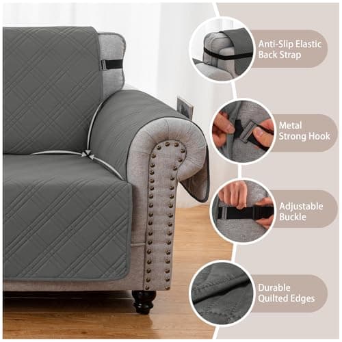Eusalioy 100% Waterproof Couch Cover for Dogs, Washable Anti-Slip Sofa Cover with Elastic Straps & Side Pockets, Quilted Furniture Protector for Kids & Pets (3 Cushion 68", Dark Grey) - Thumbnail 5