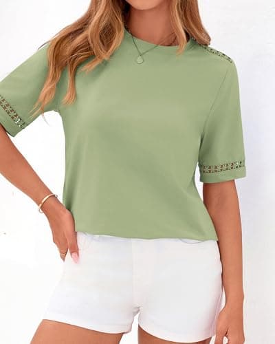 BTFBM Womens Summer Tops Lace Short Sleeve Shirts 2026 Spring Casual Loose Crew Neck Cotton Knit Cute Business Blouses(Light Green, XX-Large) - Thumbnail 2