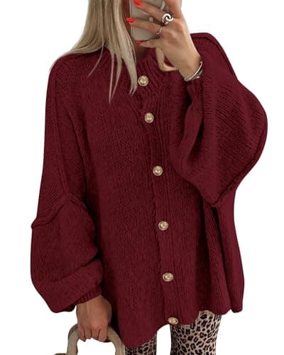 BTFBM Cardigan Sweaters for Women 2026 Fall Clothes Lantern Long Sleeve Button Open Front Chunky Knit Oversized Sweater(Burgundy, Medium) - Image 1