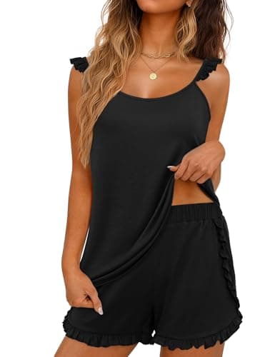 JUSTFASHIONNOW Shorts Pajama Set for Women Ruffle Cami Set Summer Two Piece Sets Cute Pjs Soft Lingerie Casual Tank Top Elastic Waist Split Shorts Sexy Camisole Lounge Set (Black, Medium) - Image 1