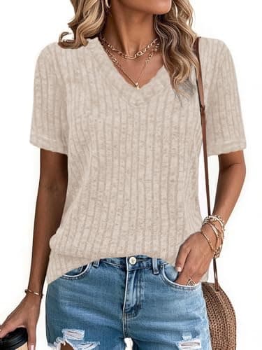 UEAL Cream Spring Summer Business Casual Short Sleeve V Neck Sweaters Tops for Women 2025 Large Khaki - Image 1