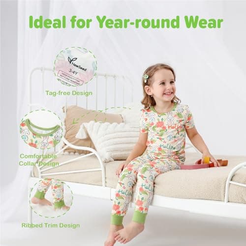 NewSeed Kids 2-Piece So Soft 2-Piece Playtime Set – Short Sleeve Crew Neck Top with Matching Leggings, Little to Big Kids (Cute rabbit, 3-4Y) - Thumbnail 5