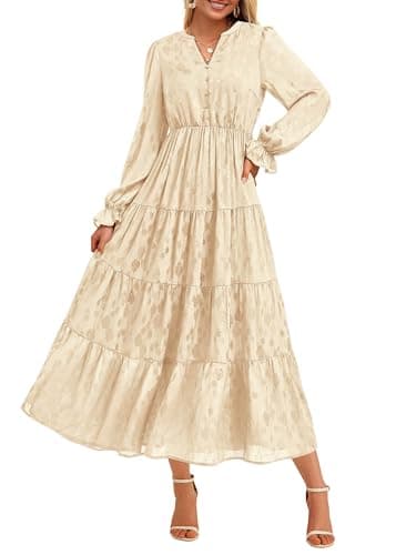 KIRUNDO Spring Wedding Guest Dresses for Women 2026 Maxi Floral Long Sleeve Elegant Ruffle Tiered Flowy Party Long Dress(Beige, Large) - Image 1