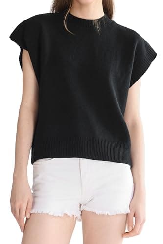 Orolay Women's Cap Sleeve Knit Vest Mock Neck Short Sleeve Sweater Top - Buttery Soft Solid Casual Black - Image 1