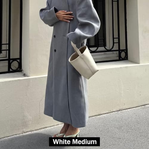 Genuine Leather Bucket Bag with Credit Card Holder Wallet, First Layer Pebble-grained Calfskin Tote Bag, Leather Handbag with Cotton Insert Pocket (White, Small) - Thumbnail 2