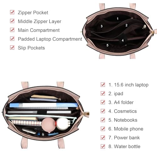 Laptop Bag for Women,15.6 Inch Multi Pocket Padded Tote Bag, Computer Bags for Women, Light Pink - Thumbnail 3