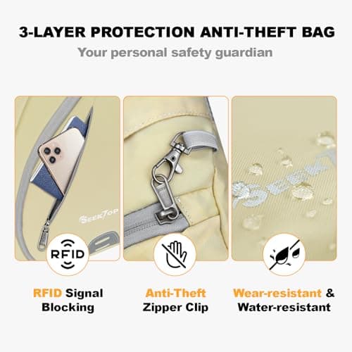 Seektop Anti-Theft Sling Bag RFID Blocking Waterproof Nylon Lightweight Mini Crossbody Backpack Shoulder Bags Cross Body for Travel Hiking Outdoor Commuting Men Women Beige - Thumbnail 3