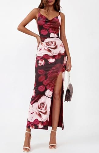 BTFBM Summer Dresses for Women 2026 Bodycon Spaghetti Strap Floral High Split Maxi Cocktail Wedding Guest Dress(Floral Black Apricot,X-Small) - Thumbnail 5