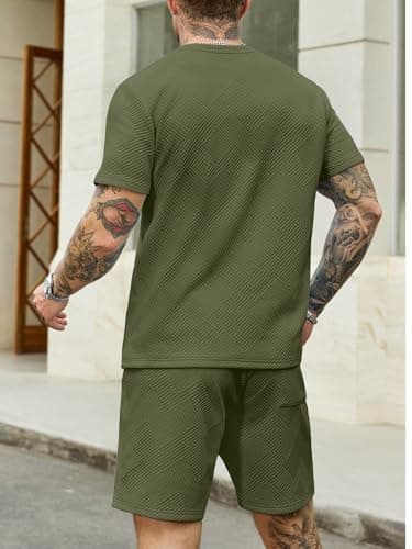 JEMLDL Mens Army Green 2 Piece Set Summer Jacquard Texture T-Shirt Shorts Casual Lounge Wear Sweat Outfit Olive Green L - Thumbnail 2
