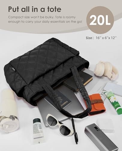 Uselike Tote Bag for Women, Lightweight Puffer Tote Work Bags with Compartments for Travel, Quilted Shoulder Bag with Zipper (Black) - Thumbnail 5