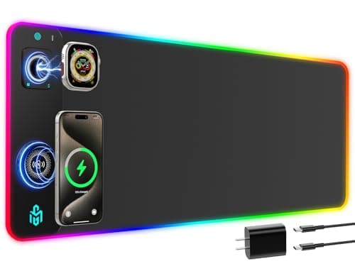 GIM RGB Gaming Mouse Pad with Simultaneous Charging for Phone & iWatch, LED Mouse Mat 800x300x4MM, 14 Light Modes, Non-Slip Rubber Base, Computer Keyboard Mat for Gaming, 20W PD Adapter Included - Image 1