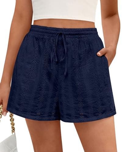 KIRUNDO Shorts for Women Summer Casual Lace Elastic Waist Drawstring Cute Eyelet Boho Lounge Shorts Beach Vacation Outfits(Navy, Small) - Image 1