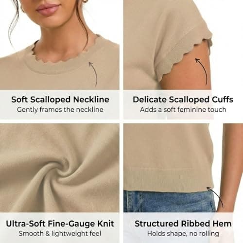 Jenisso Women Summer Sweater Cap Sleeve Lightweight Pullover Soft Knit Top with Scallop Wavy(Beige,XL) - Thumbnail 5