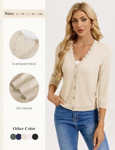 GRACE KARIN Women Cropped Lightweight Cardigan, Business Casual 3/4 Sleeve Button Up Shrugs Vacation Outfits Beige - Thumbnail 2