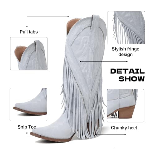 Grakihily Cowgirl Boots for Women Retro Pointed Toe Pull On Block Chunky Heel Embroide Tassel Country Concert Outfits Mid Calf Western Fringe Cowboy Boots,Skyblue Size 10 - Thumbnail 6