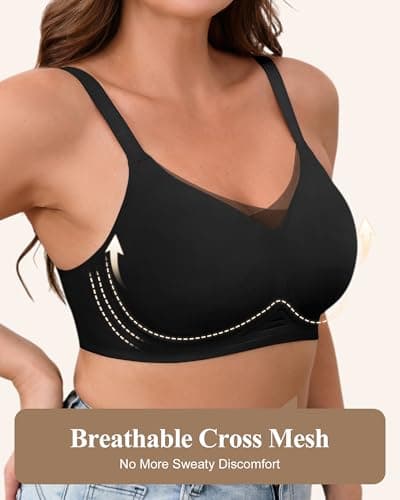 ZEBELL M-5XL Wireless Bras for Women No Underwire, Plus Size V Lace Comfortable Bralette with Support, Full Coverage T-Shirt Bra - Thumbnail 2