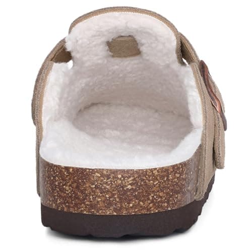 KIDMI Women's Fur Lined Suede Clogs Fuzzy Cork Footbed Mules Slip On Winter Potato Shoes, Taupe 44 (Size 12) - Thumbnail 4
