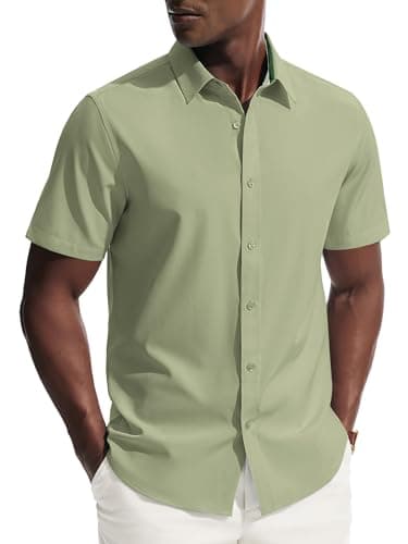 PJ PAUL JONES Mens Short Sleeve Button Down Shirts Wrinkle Free Untrucked Dress Shirts for Men Stretch Collared Shirt Solid Regular Fit Sage Green - Image 1