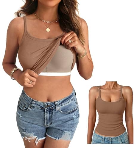 GKBK Women's Sleeveless Built in Bra Tank Top Form Fitting Scoop Neck Ribbed Knit Basic Padded Cami Shirts Brown S - Thumbnail 2