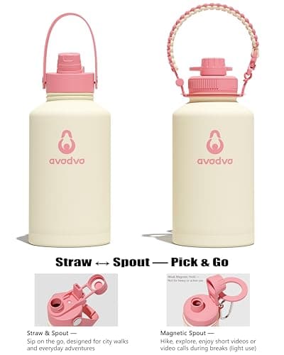 avodvo 1 Gallon Water Bottle with 2 Lids (2-in-1 Straw & Spout Lid, Magnetic Lid), Insulated Water Bottle with Strap, Stainless Steel Water Bottle for Hiking, Gym, Travel, BPA-Free, Light Pink - Thumbnail 3