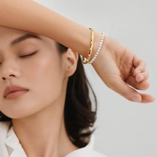 Stackable Gold Bracelets for Women - 2Pcs 18K Gold Plated Cubic Zirconia Bangle Bracelet Crystal Friendship Tennis Bracelet Stack Jewelry,Party Christmas Birthday Gifts for Her Girlfriend Sister Wife - Thumbnail 3