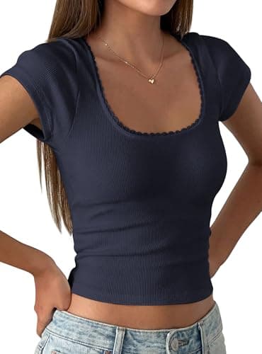 PRETTYGARDEN Women's Short Sleeve Tops 2026 Summer Lace Trim Square Neck Slim Fitted Going Out Basic Tee Shirts Y2K Clothes (Navy Blue,X-Large) - Image 1