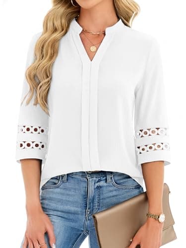 Funlingo 3/4 Length Sleeve Womens Tops V Neck Dressy Casual Blouses Lace Tunic Pleated Work Shirts Business Casual Outfits 2026 White 2XL - Image 1