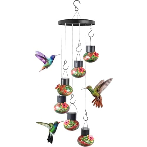 TAOZIMA Solar Wind Chimes Hummingbird Feeder for Outdooors, Blue Hand-Blown Glass Bird Feeders with Leak-Proof Design, Ant & Bee Resistant, Perfect Garden Patio Decor (Red and Green) - Image 1