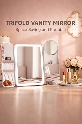 Lighted Makeup Vanity Mirror, Height Adjustable Trifold Mirror with Seamless Light Strip, 1X/2X/3X/10X Magnification, 2000mAh Rechargeable Desk Mirror, Dimmable 3 Color Lighting, Gifts for Mom Women - Thumbnail 6