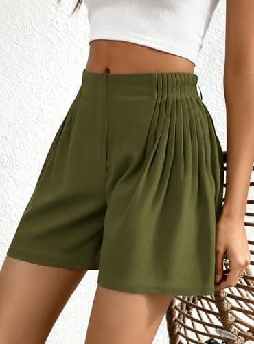 BTFBM Womens Shorts Casual 2026 Spring Summer Elastic High Waisted Pleated Cotton Shorts Beach Vacation Outfits Pockets(Army Green, Small) - Thumbnail 3