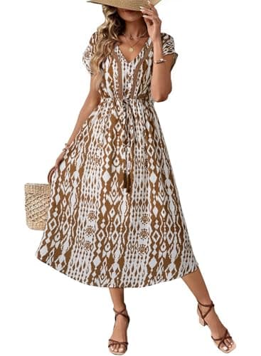 Dokotoo Floral Sundresses for Women Oversized Drawstring Waist Flowy Daily Short Sleeve Boho Summer Dresses for Women Lightweight Summer Midi Dress Casual Vacation Outfits Resort Wear Brown S - Image 1