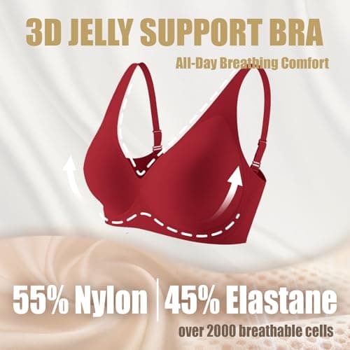 Jelly Wireless Bra for Women Deep V Push Up Seamless T-Shirt Bras Comfortable Plunge No Underwire Bra with Adjustable Straps Everyday Bras Red - Thumbnail 3
