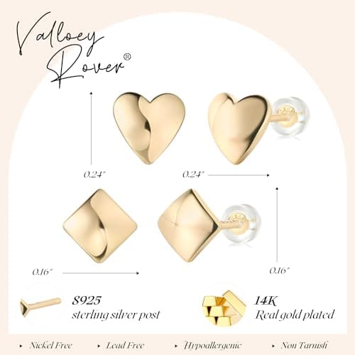VALLOEY ROVER Heart Stud Earrings for women 14K Gold Plated Squre Earrings Set Sterling Silver Post Dainty Small Cartilage Earring Jewelry Gift for Women - Thumbnail 6