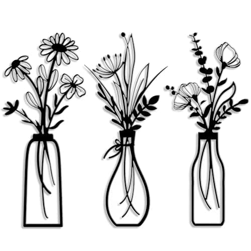 ZIYOGIFT 3 Pieces Black Metal Flowers Wall Art, Bathroom Kitchen Bedroom Wrought Iron Decor, Modern Sculpture Hanging for Living Laundry Dining Room Farmhouse Home Office Apartment, Housewarming Gifts - Image 1