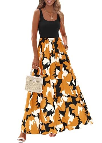 KIRUNDO Women Summer Sleeveless Boho Floral Maxi Dress 2026 Scoop Neck Tank A Line Flowy Beach Vacation Resort Wear Sundress(Black Brown Yellow, Small) - Image 1